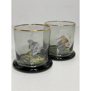 NED SMITH Single Lowball 8 oz Glass Set (2) Smoke Gold Rim Waterfowl Rocks EUC